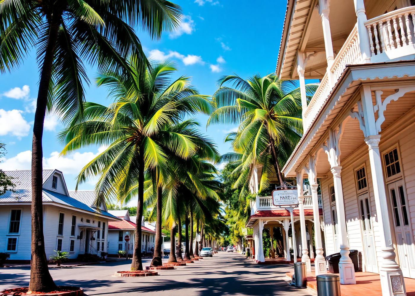 Straatbeeld van Paramaribo met koloniale architectuur en palmbomen